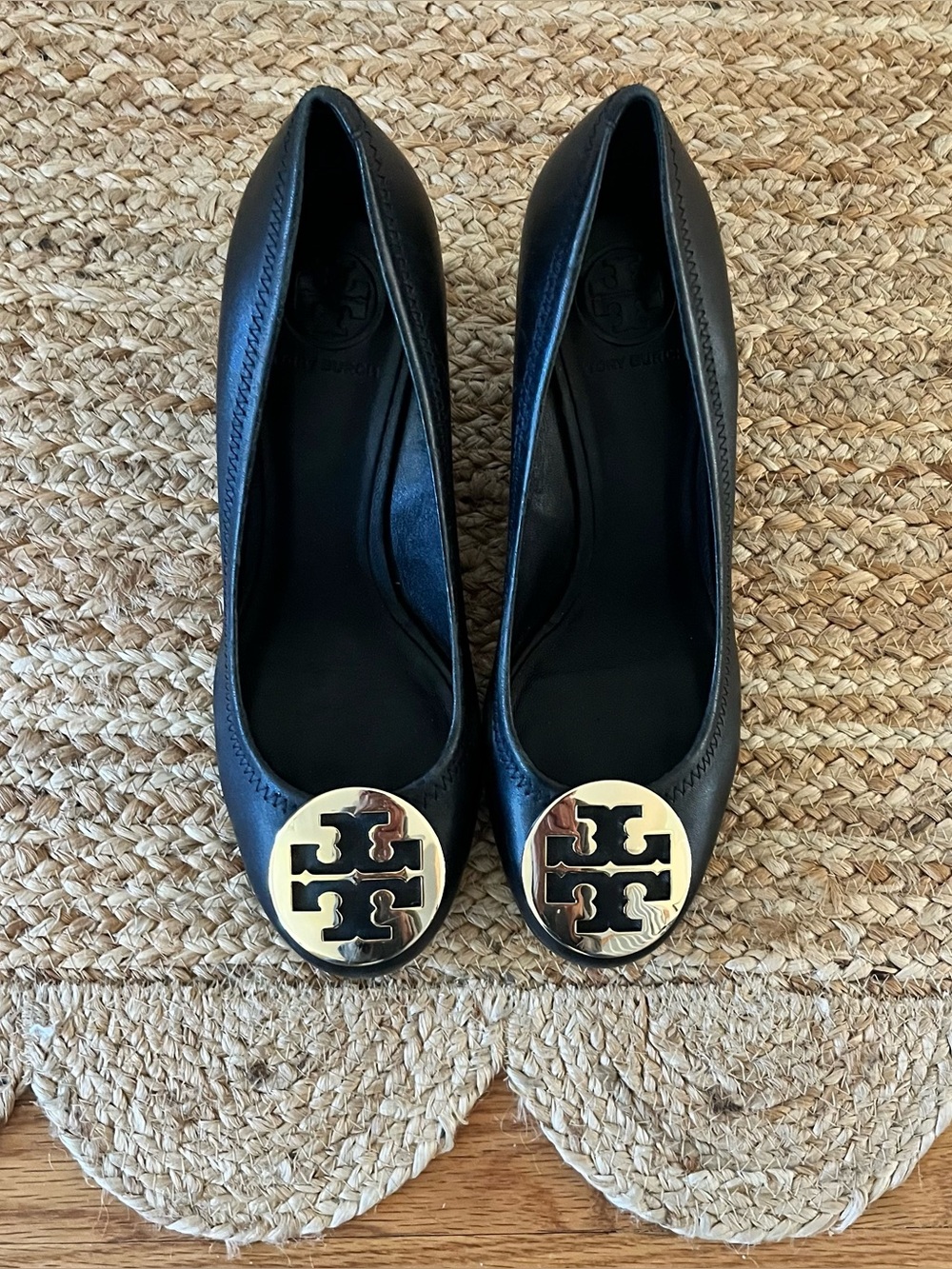 Tory Burch Black Leather Logo Round-Toe Flats with Gold Emblem